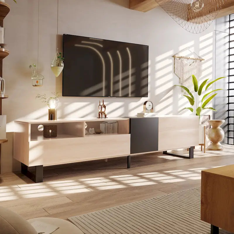 Meuble TV de 180 cm naturel et noir avec double rangement pour téléviseurs jusqu'à 80 pouces
