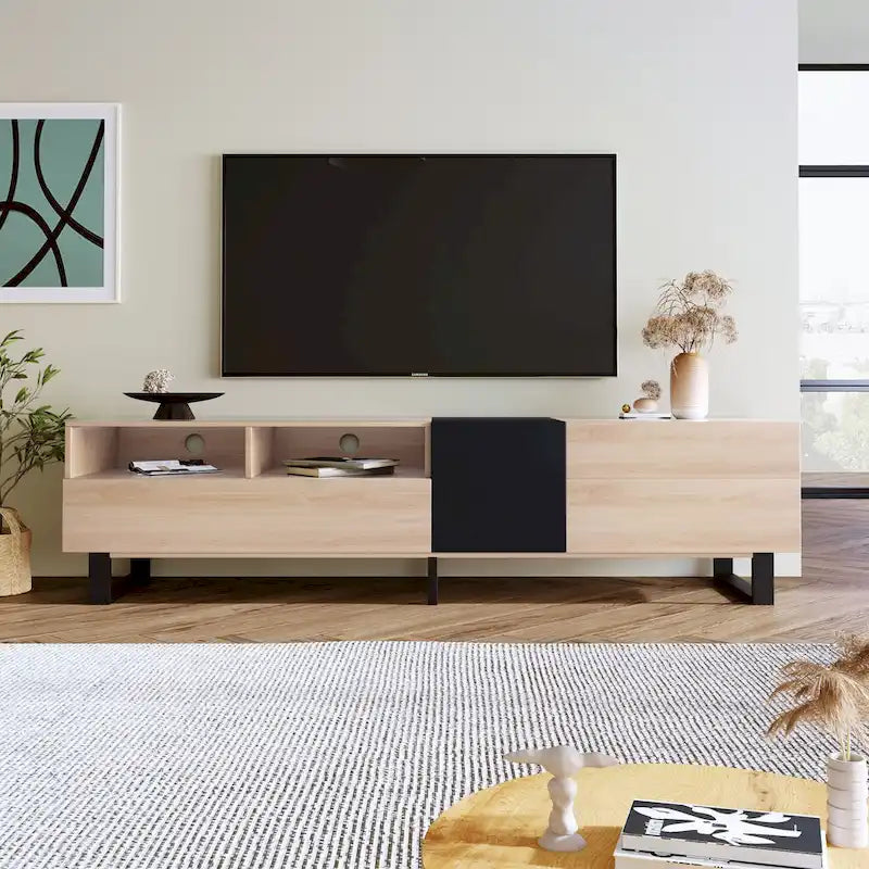 Meuble TV de 180 cm naturel et noir avec double rangement pour téléviseurs jusqu'à 80 pouces