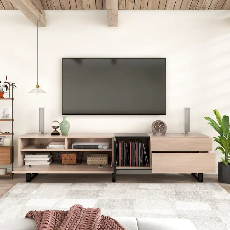 Meuble TV de 180 cm naturel et noir avec double rangement pour téléviseurs jusqu'à 80 pouces