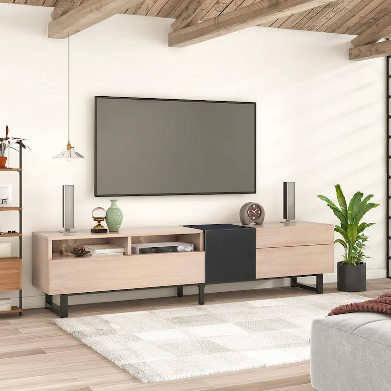Meuble TV de 180 cm naturel et noir avec double rangement pour téléviseurs jusqu'à 80 pouces