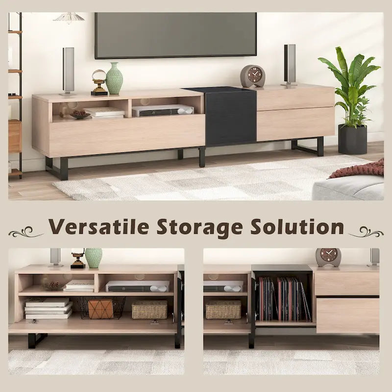 Meuble TV de 180 cm naturel et noir avec double rangement pour téléviseurs jusqu'à 80 pouces