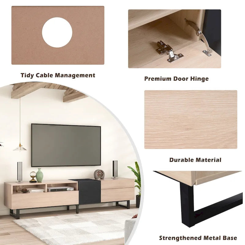 Meuble TV de 180 cm naturel et noir avec double rangement pour téléviseurs jusqu'à 80 pouces