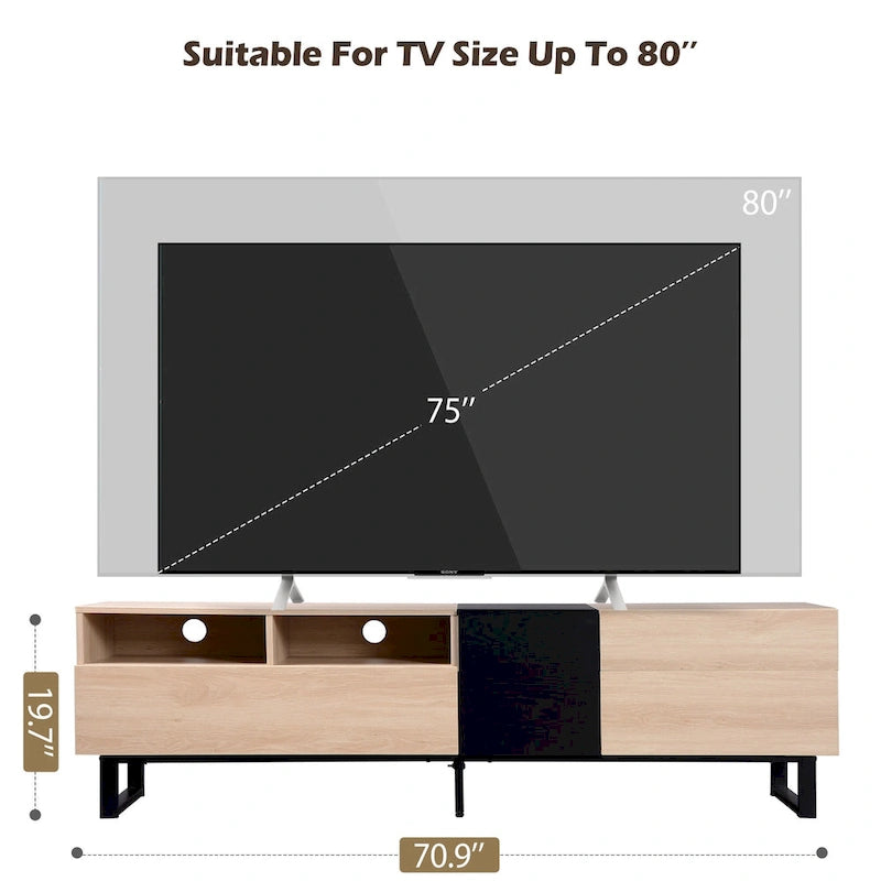 Meuble TV de 180 cm naturel et noir avec double rangement pour téléviseurs jusqu'à 80 pouces