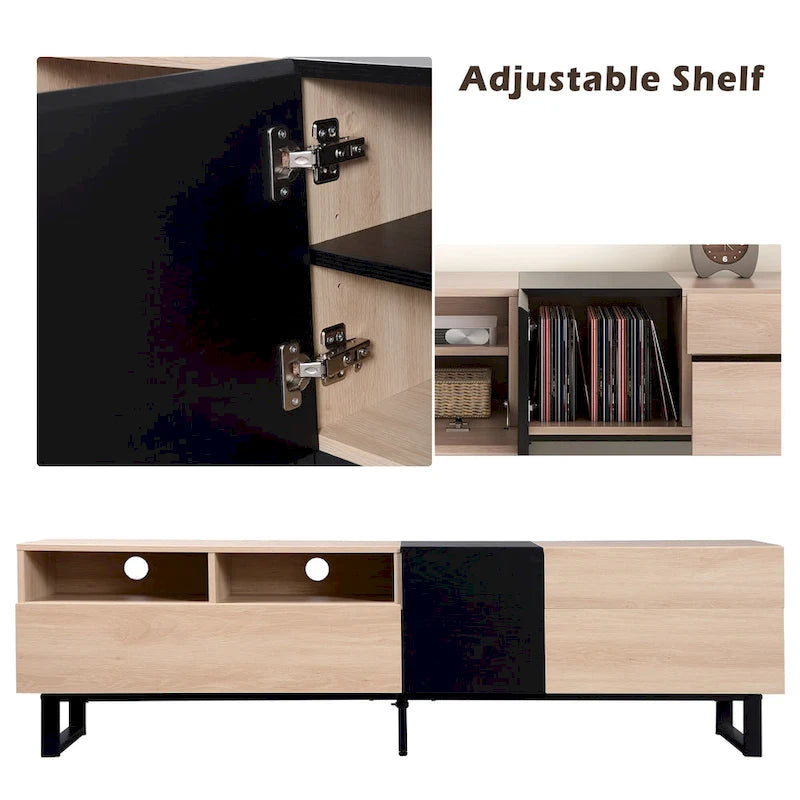 Meuble TV de 180 cm naturel et noir avec double rangement pour téléviseurs jusqu'à 80 pouces