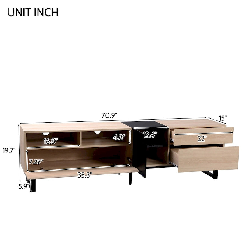 Meuble TV de 180 cm naturel et noir avec double rangement pour téléviseurs jusqu'à 80 pouces