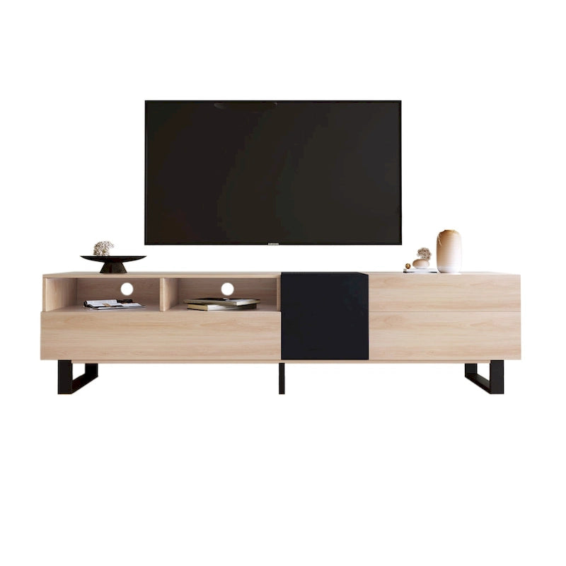 Meuble TV de 180 cm naturel et noir avec double rangement pour téléviseurs jusqu'à 80 pouces