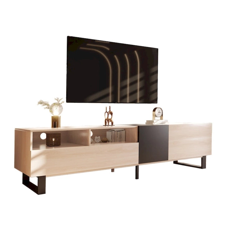 Meuble TV de 180 cm naturel et noir avec double rangement pour téléviseurs jusqu'à 80 pouces