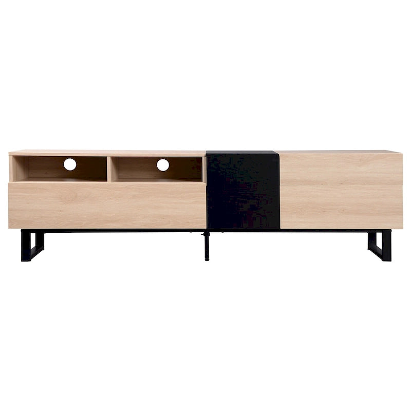 Meuble TV de 180 cm naturel et noir avec double rangement pour téléviseurs jusqu'à 80 pouces