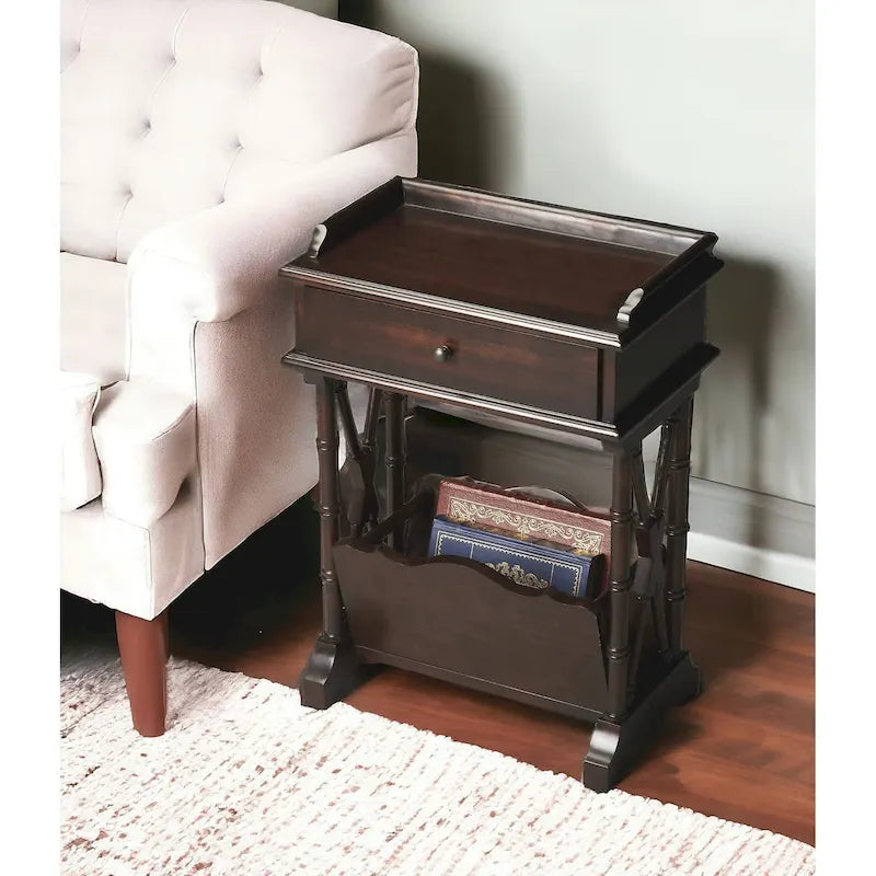 Table d'appoint en bois massif noir avec tiroir, étagère et porte-revues