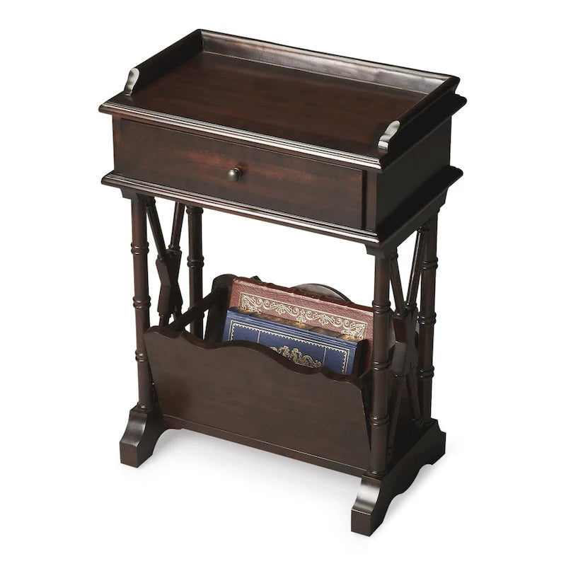 Table d'appoint en bois massif noir avec tiroir, étagère et porte-revues