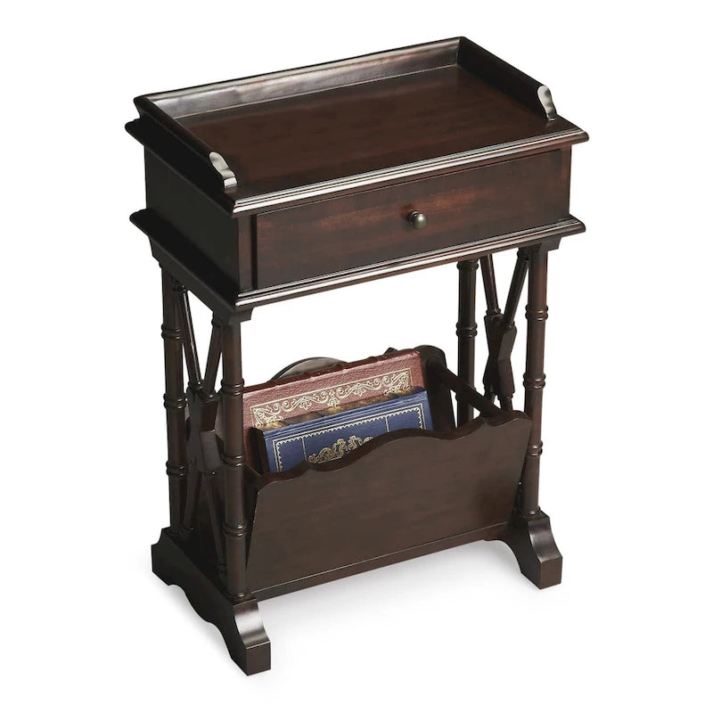 Table d'appoint en bois massif noir avec tiroir, étagère et porte-revues