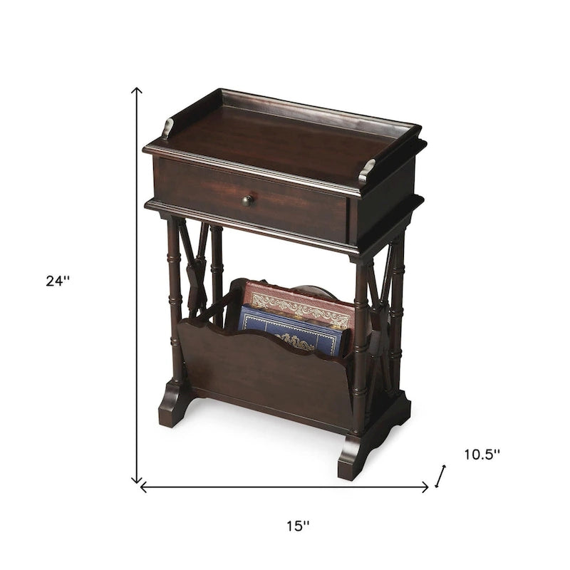 Table d'appoint en bois massif noir avec tiroir, étagère et porte-revues