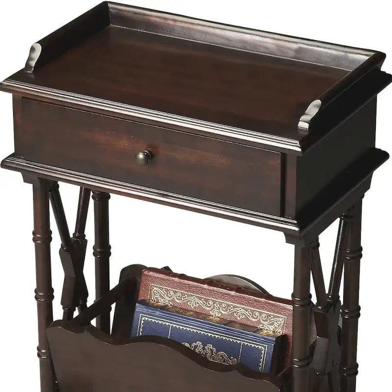 Table d'appoint en bois massif noir avec tiroir, étagère et porte-revues