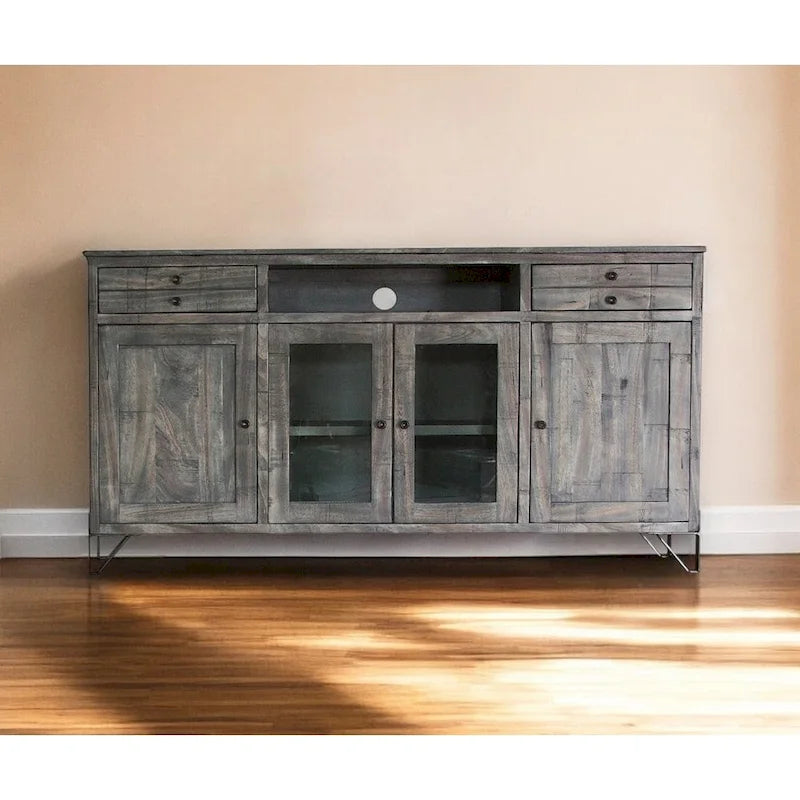 Meuble TV style Shabby Chic gris en bois massif avec rangements fermés - 70x37.25x17.75