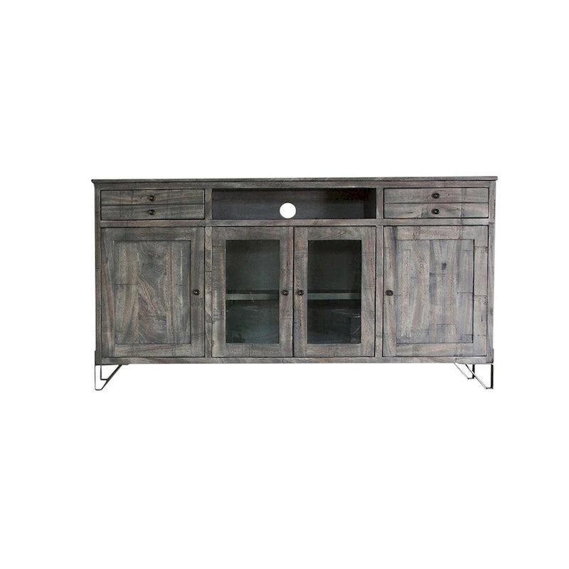 Meuble TV style Shabby Chic gris en bois massif avec rangements fermés - 70x37.25x17.75