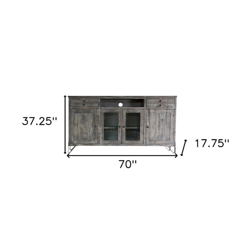Meuble TV style Shabby Chic gris en bois massif avec rangements fermés - 70x37.25x17.75