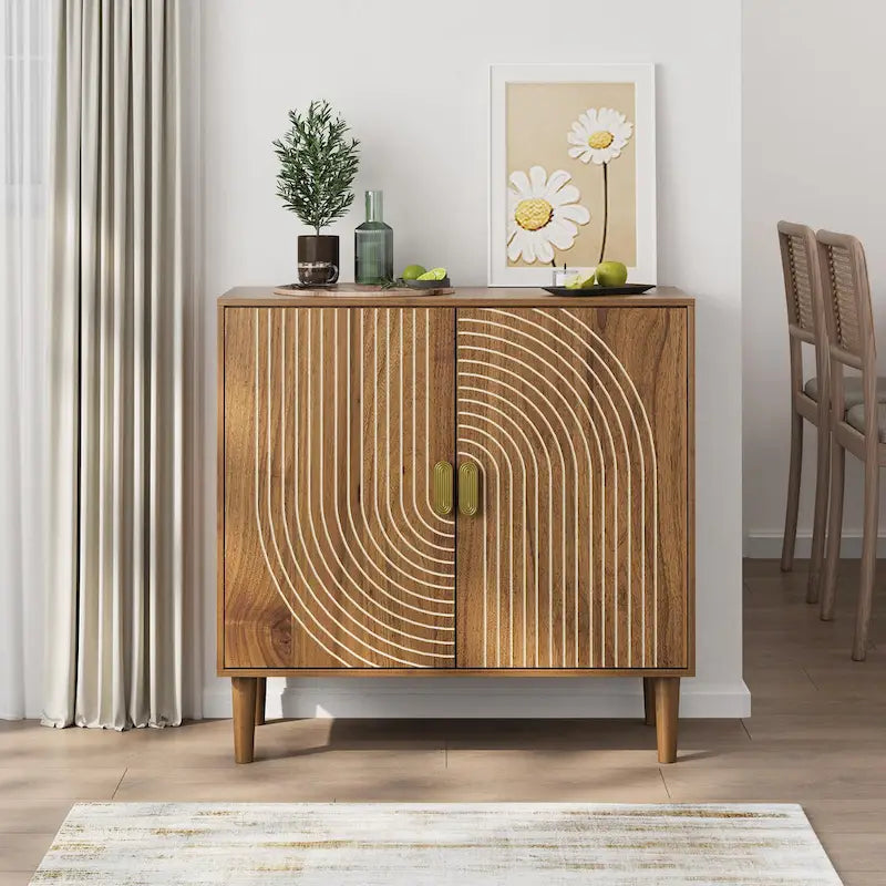 Buffet en noyer avec motif à rainures et étagère réglable
