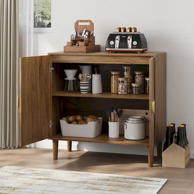 Buffet en noyer avec motif à rainures et étagère réglable