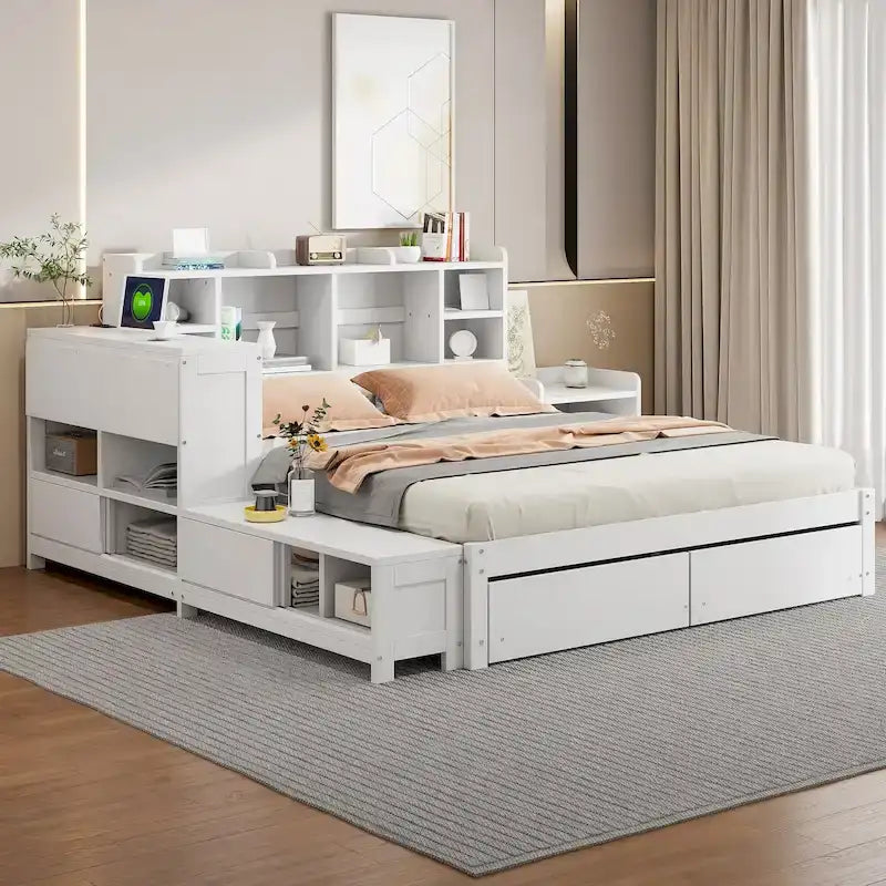 Lit Plateforme Double avec Rangement, Table de Nuit, Bureau et Ports USB - Blanc