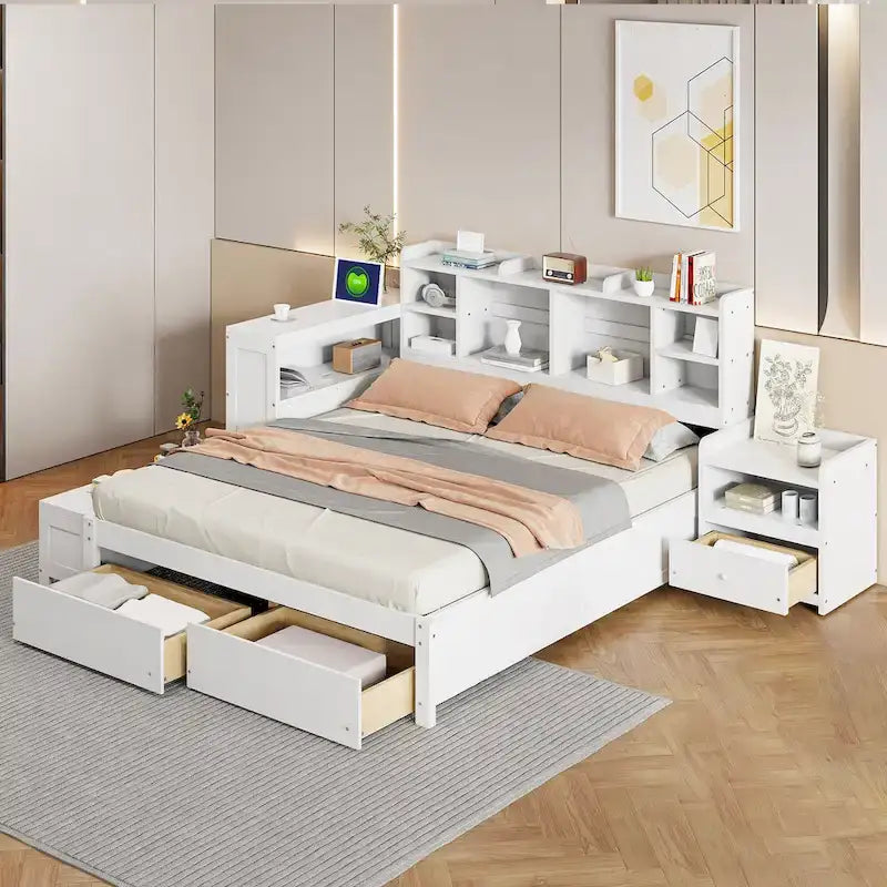 Lit Plateforme Double avec Rangement, Table de Nuit, Bureau et Ports USB - Blanc