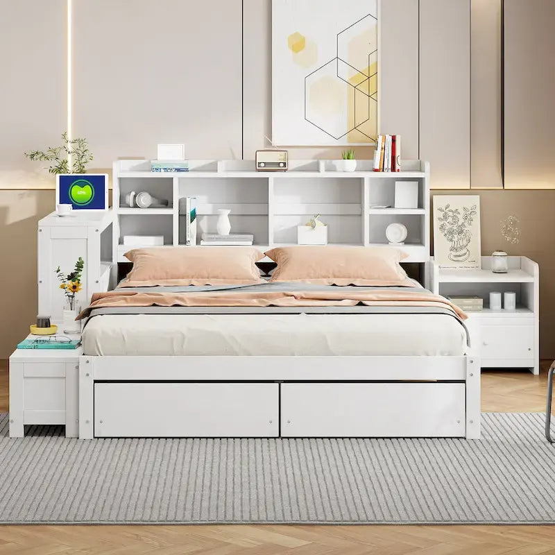 Lit Plateforme Double avec Rangement, Table de Nuit, Bureau et Ports USB - Blanc
