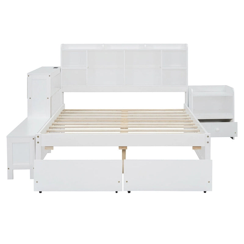 Lit Plateforme Double avec Rangement, Table de Nuit, Bureau et Ports USB - Blanc