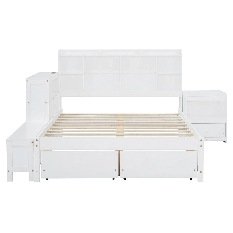 Lit Plateforme Double avec Rangement, Table de Nuit, Bureau et Ports USB - Blanc