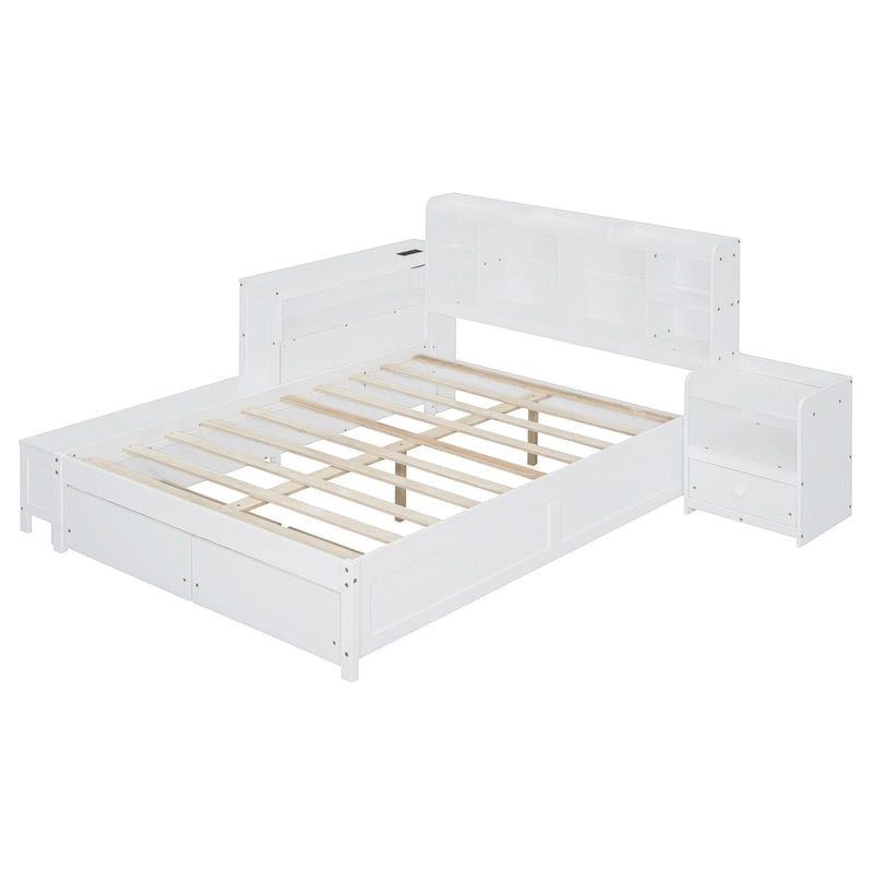 Lit Plateforme Double avec Rangement, Table de Nuit, Bureau et Ports USB - Blanc
