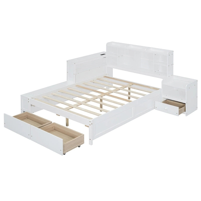 Lit Plateforme Double avec Rangement, Table de Nuit, Bureau et Ports USB - Blanc
