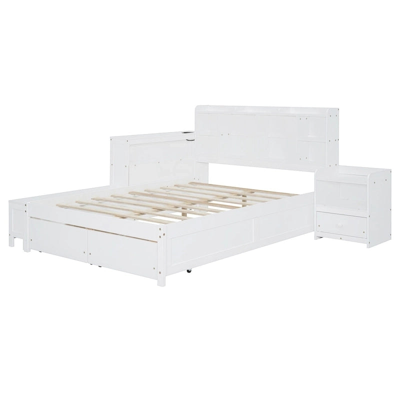 Lit Plateforme Double avec Rangement, Table de Nuit, Bureau et Ports USB - Blanc