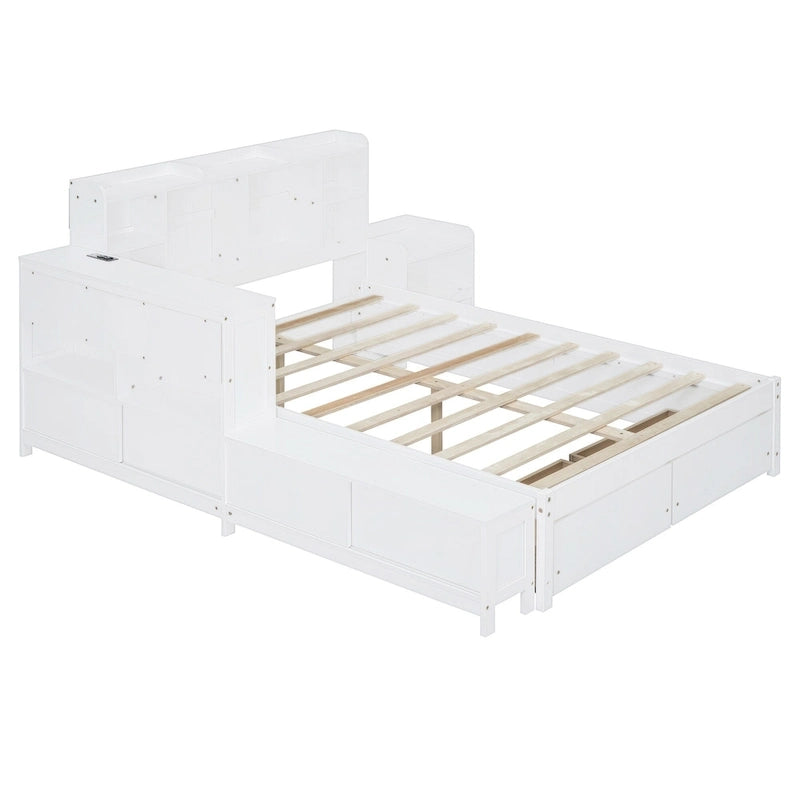 Lit Plateforme Double avec Rangement, Table de Nuit, Bureau et Ports USB - Blanc