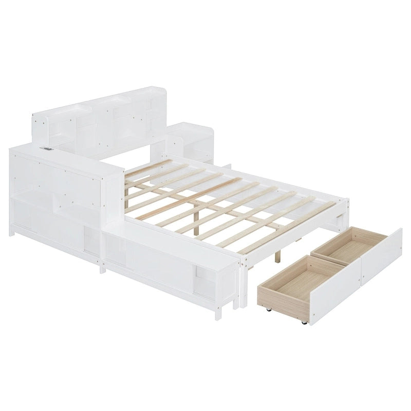 Lit Plateforme Double avec Rangement, Table de Nuit, Bureau et Ports USB - Blanc