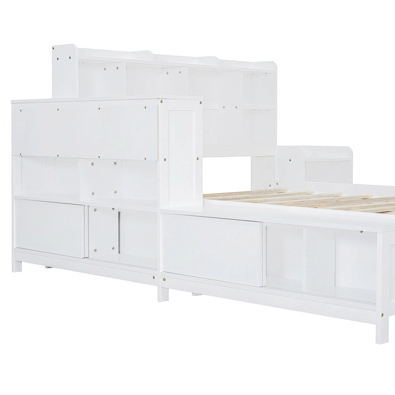 Lit Plateforme Double avec Rangement, Table de Nuit, Bureau et Ports USB - Blanc