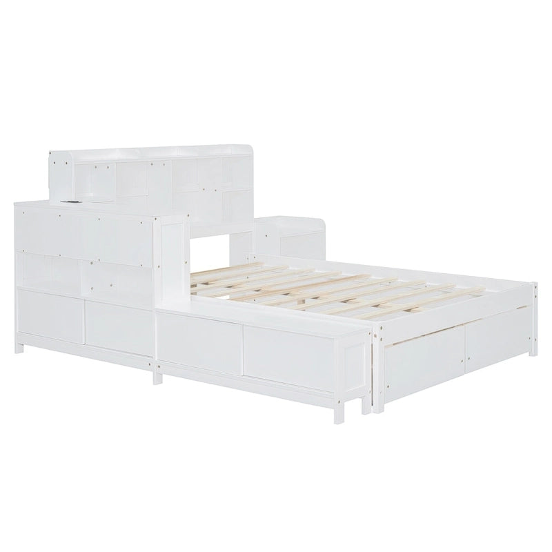 Lit Plateforme Double avec Rangement, Table de Nuit, Bureau et Ports USB - Blanc