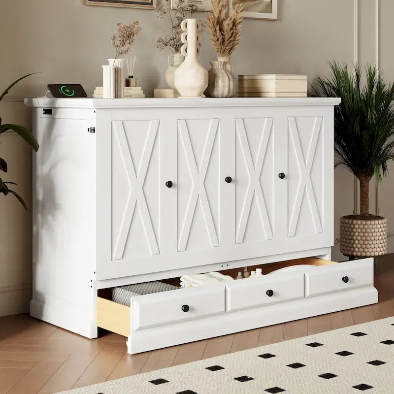 Armoire lit escamotable de style fermette avec tiroirs et station de recharge