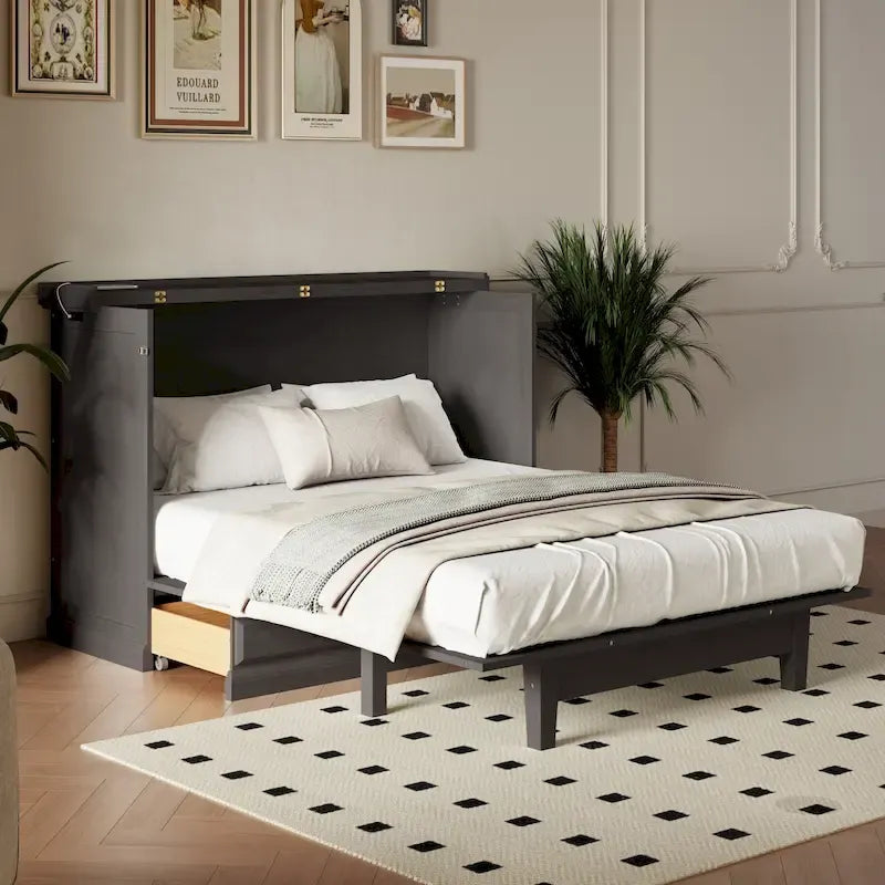 Armoire lit escamotable de style fermette avec tiroirs et station de recharge