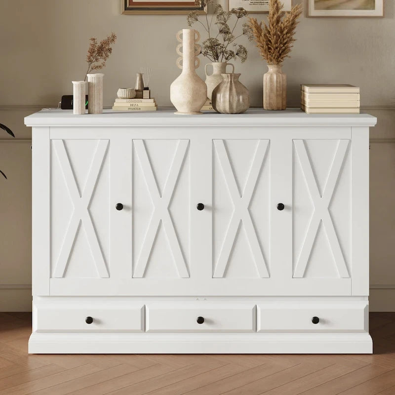 Armoire lit escamotable de style fermette avec tiroirs et station de recharge