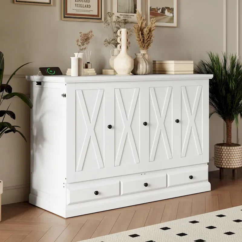 Armoire lit escamotable de style fermette avec tiroirs et station de recharge