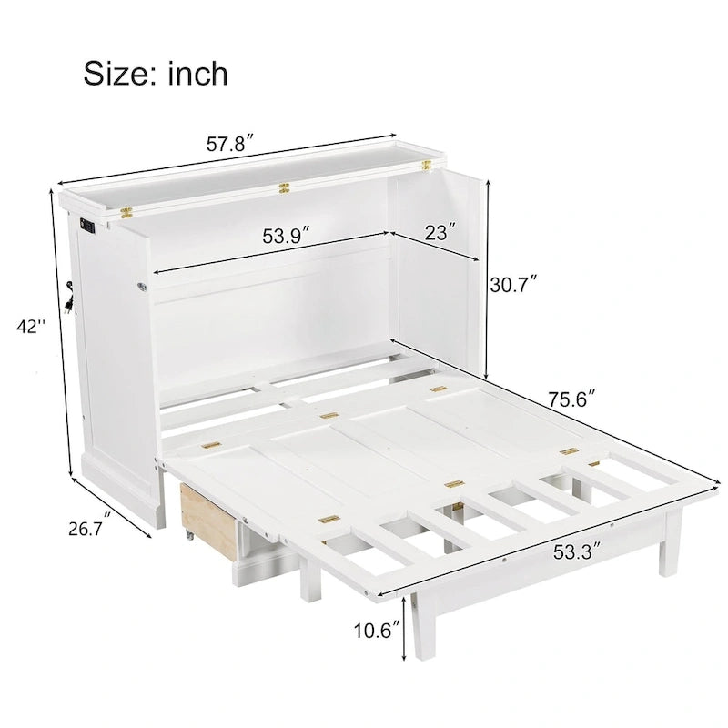 Armoire lit escamotable de style fermette avec tiroirs et station de recharge