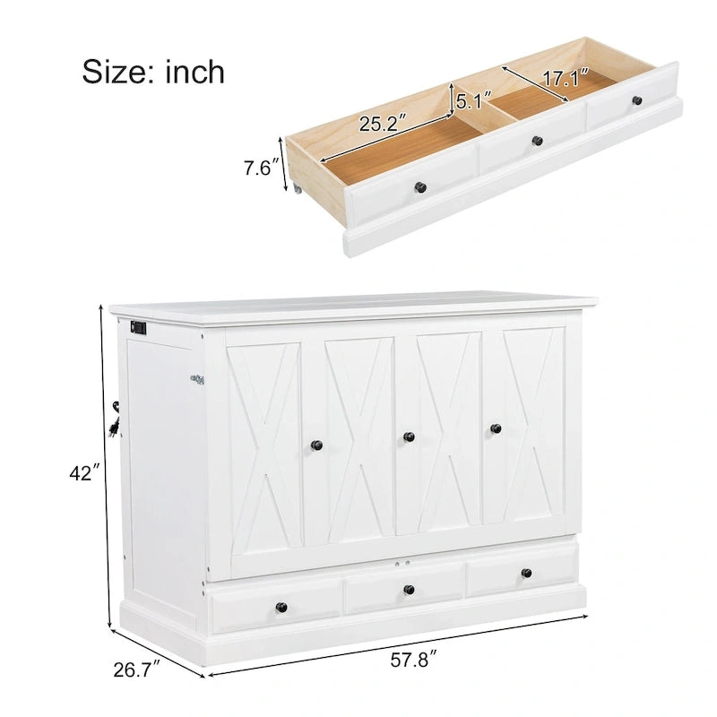 Armoire lit escamotable de style fermette avec tiroirs et station de recharge