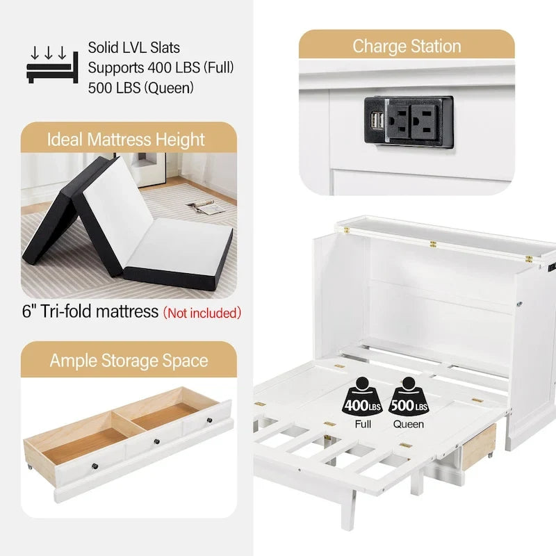 Armoire lit escamotable de style fermette avec tiroirs et station de recharge