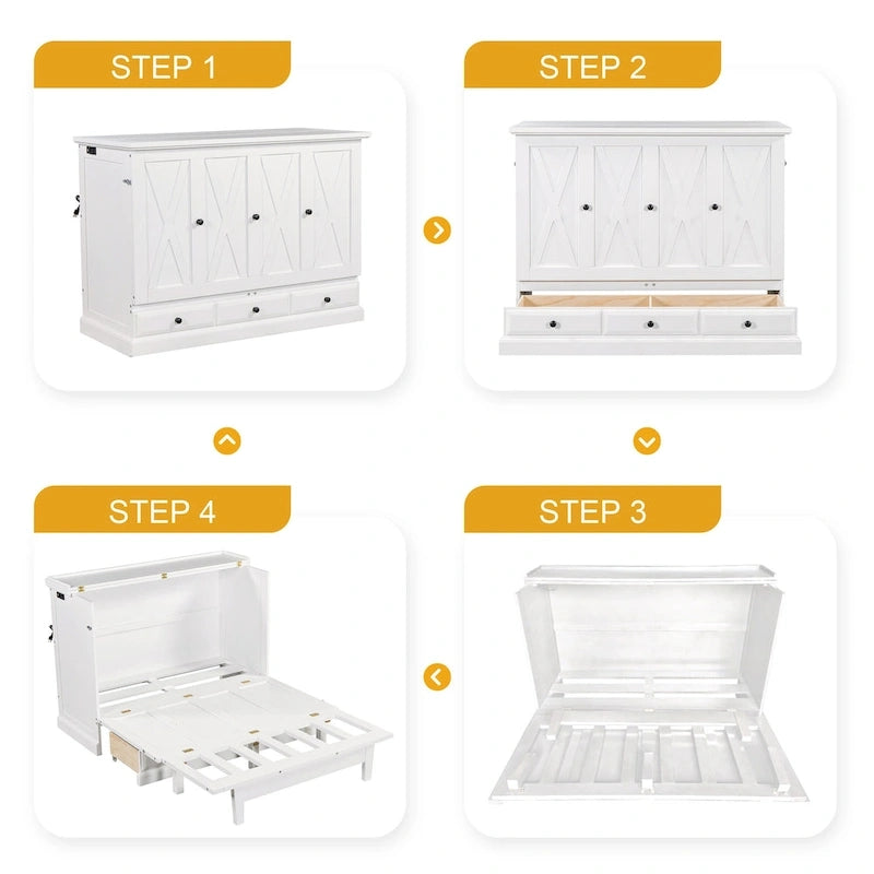Armoire lit escamotable de style fermette avec tiroirs et station de recharge