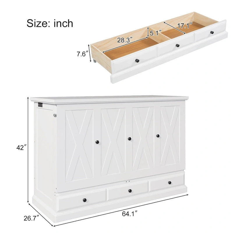 Armoire lit escamotable de style fermette avec tiroirs et station de recharge