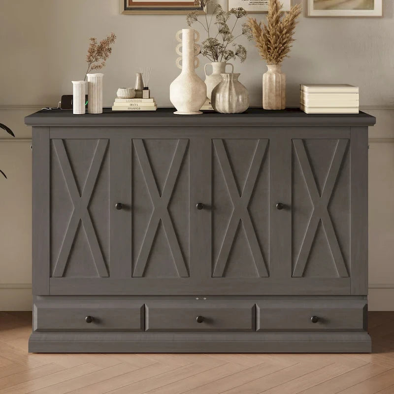 Armoire lit escamotable de style fermette avec tiroirs et station de recharge