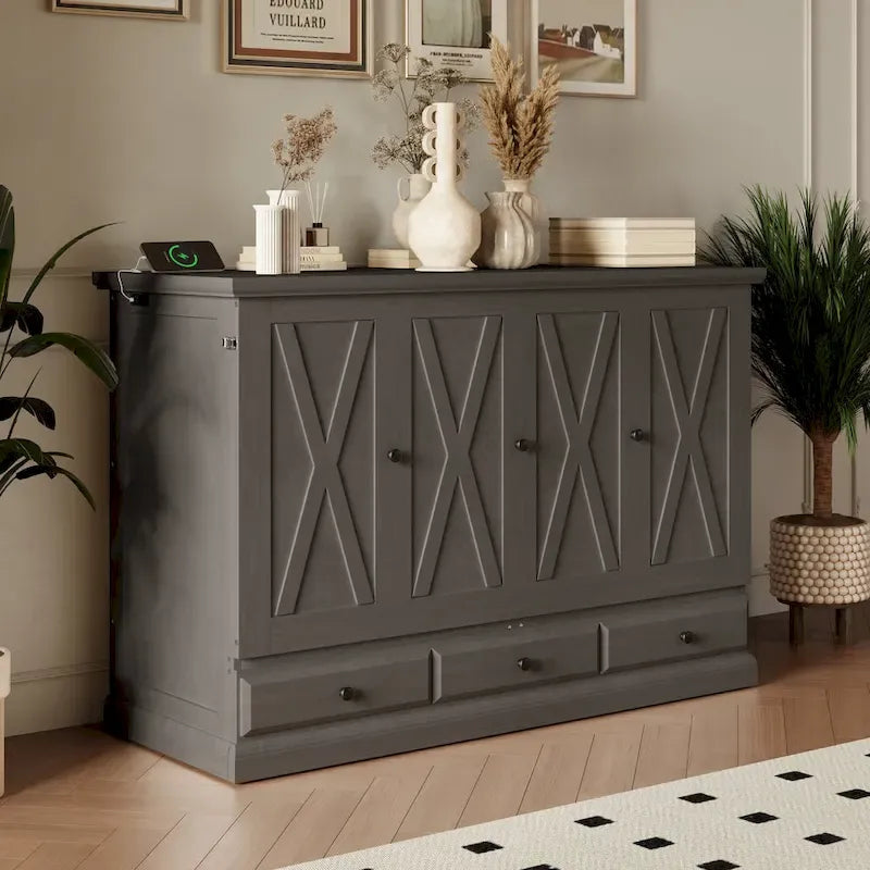 Armoire lit escamotable de style fermette avec tiroirs et station de recharge