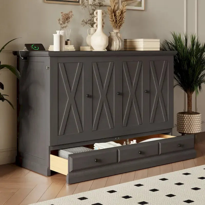 Armoire lit escamotable de style fermette avec tiroirs et station de recharge