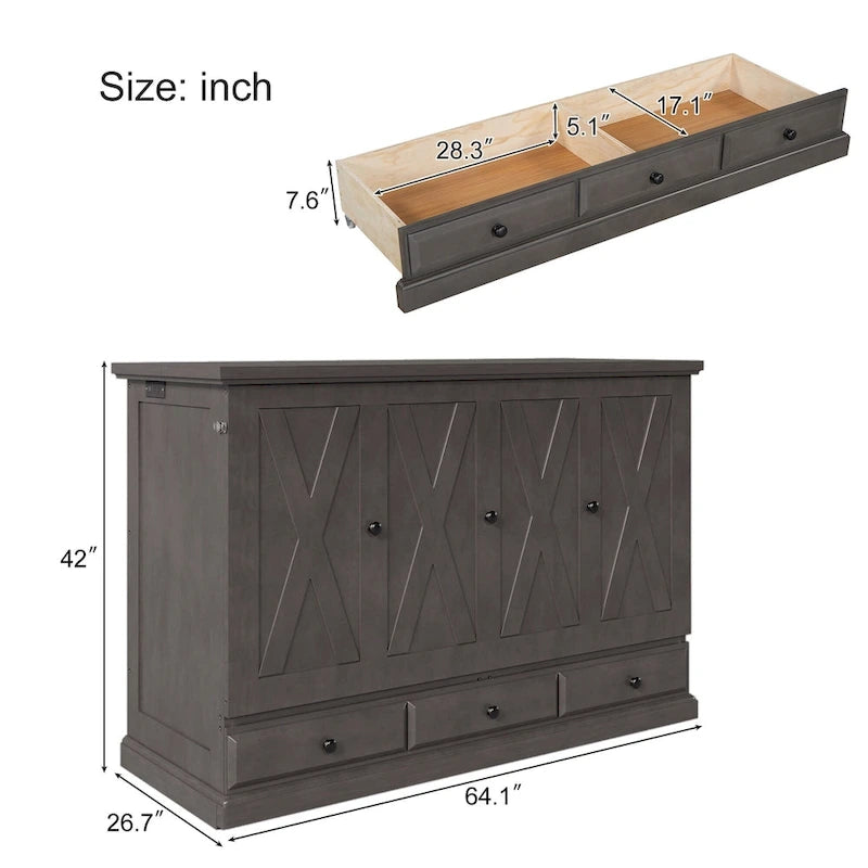 Armoire lit escamotable de style fermette avec tiroirs et station de recharge
