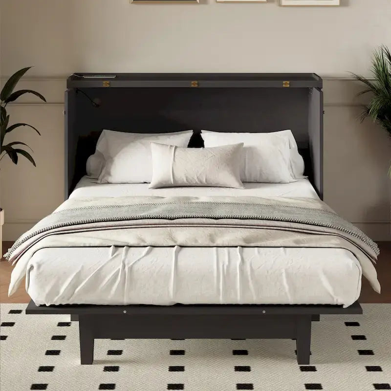 Armoire lit escamotable de style fermette avec tiroirs et station de recharge