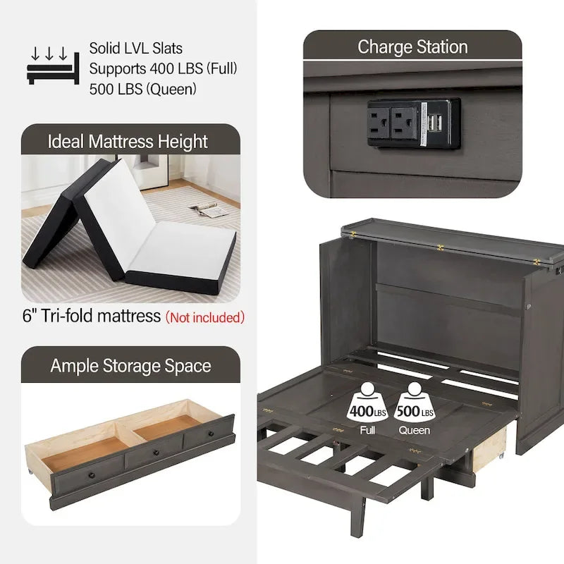 Armoire lit escamotable de style fermette avec tiroirs et station de recharge