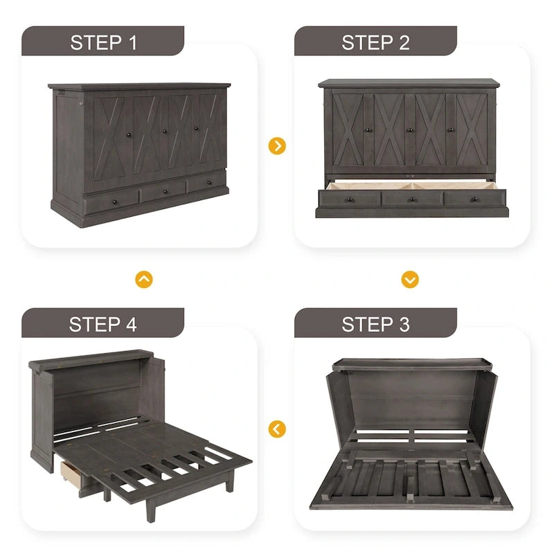 Armoire lit escamotable de style fermette avec tiroirs et station de recharge
